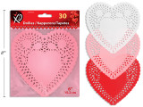 30ct 6.1in x 6.25in Heart Shaped Paper Doilies. 3 Asst.Colours. Polybag w/Backer Card.