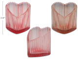 3.15in(H) Heart Shaped Ribbed Glass Candle Holder. 2 Asst.Colours.