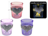 2.5in V'tine Tinted Glass Candle Holder w/ Jeweled Heart Band. 3 Asst.Colours.