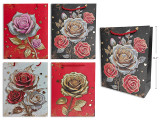 Matte w/Foil Metallic Rose Bud Giftbag - Large. Large. PP Handle. 4 Asst.Styles. J-hook.