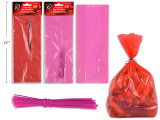 20pk 4in x 9.5in Vtine Solid Colour Treat Bags w/ Twist Ties. 2in(Gusset). Pbh.