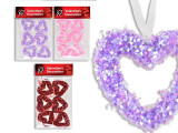 6pk 2.17in Hanging Tinsel Confetti Hollow Hearts. 3 Cols: Red / Pink / Purple. Pbh.