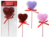 11.4in Tinsel Confetti Heart Pick. Heart Size: 3.94in. 3 Cols: Red / Pink / Purple. Pbh.