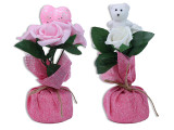 7.87in(H) Rose Branch in Burlap Wrapped Pot. 2 Asst: Glitter Heart / Bear. Cht.