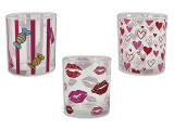 3.15in(H) V'tine Heart Printed Glass Candle Holder. 2.8in(D). 3 Styles: Lips / Heart / Sweets.