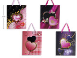 Matte w/Tip-On Glitter Black/Pink Heart Giftbag - Large. PP Handle. 4 Asst.Styles. J-hook.