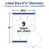 Round Labels Matte White-Laser/Inkjet 2-1/2"  8 Sheets (Waterproof) (72 Labels)