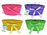 Basket-Bamboo/Oval w/Poka-Dot Bow 8.66in(L) x 6.69in(W) (4 Colors: Yellow/Green/Pink/Purple) (MOQ: 12)