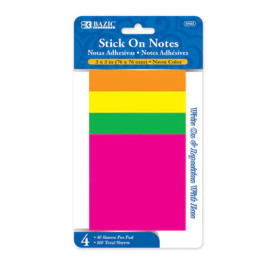 Stick On Notes 3"x 3" Neon 4Pk 40Ct.