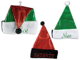 Santa Hat Naughty/Nice 2-Sided Sequin 17in (L) x 12.75in (W) , 4.75in Fold Over Cuff, 6 cm Pom Pom (MOQ:12)