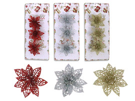 Clip Xmas 2-Layered Glitter Poinsettia 3pk 3.15in (MOQ:24)