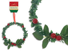 Holly Berry Xmas Leaves Wreath w/Satin 5in (MOQ:12)