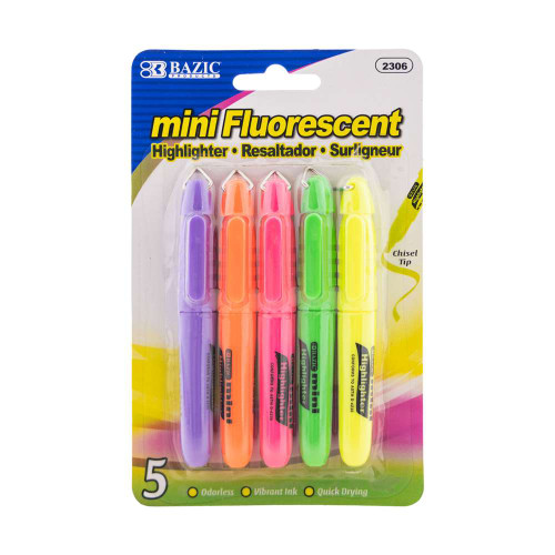 Highlighters Fluorescent Colors-Mini w/Clip 5Pk