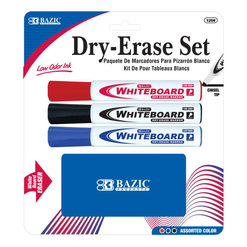 Dry Erase Markers w/Eraser Assorted Colors/Chisel Tip BAZIC