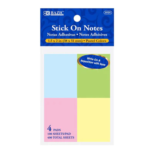 Stick On Notes 1.5"x 2" Pastels 4Pk 100Ct.