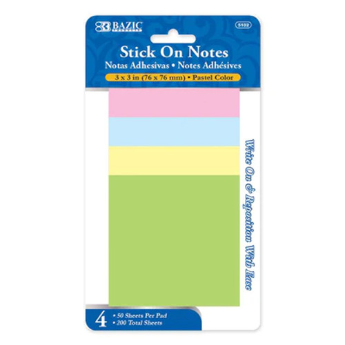 Stick On Notes 3"x 3" 4Pk 50Ct.