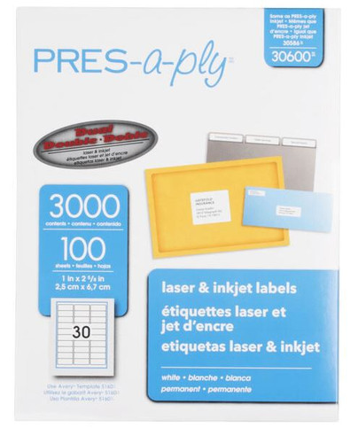Labels Laser & Ink Jet 1" x 2-5/8" White 100 Sheets
