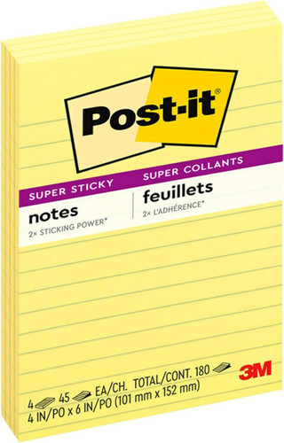 Post-it Notes 4"x 6" Super Sticky/Yellow 4Pk