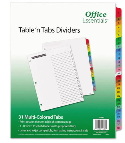 Index Dividers Colors/1-31 Tabs