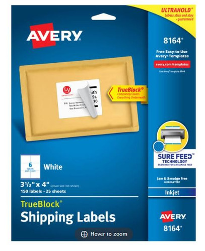 Shipping Labels InkJet 3-1/3"x 4" White 25 Sheets (150 Labels)