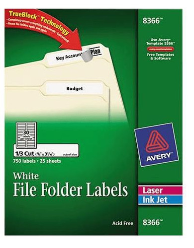 File Folder Labels Laser/Inkjet 2/3" x 3-7/16" White 25 Sheets (750 Labels)