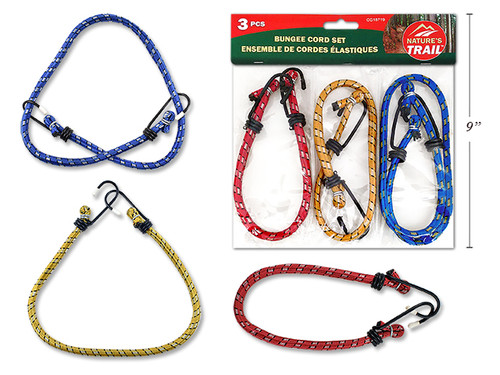 Camping 3pk Bungee Cord Set. PVC Bag w/Header