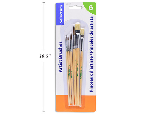 Brush Set Assorted Round & Flat w/Wood Handle 6Pk