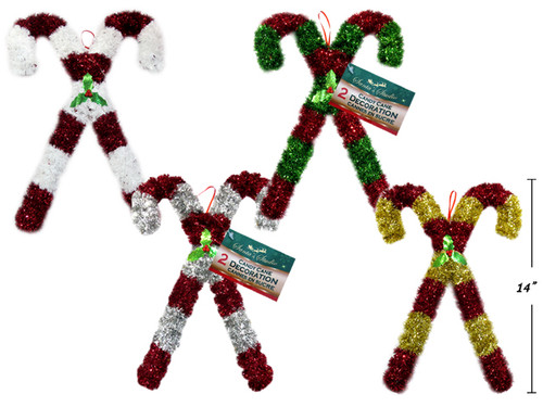 Plaque-Tinsel Criss Cross Candy Cane Hanging 14in (MOQ:16)