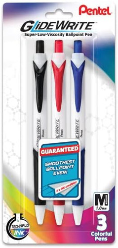 Pen GlideWrite Ball Point w/Refillable TechniFlo Ink-Medium/Black, Red & Blue 3Pk