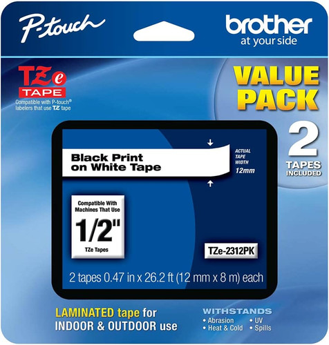 Laminated P-Touch Tape,-Black on White 2Pk
