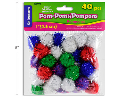 Pom Poms 1" Glitter/Assorted Colors 40Pk