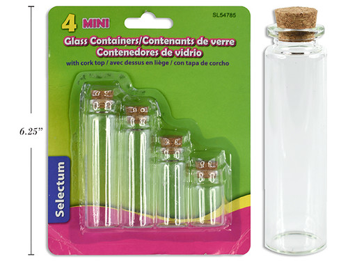 Containers-Glass Mini w/Cork Assorted Sizes (7ml, 10ml, 15ml, 20ml) 4Pk