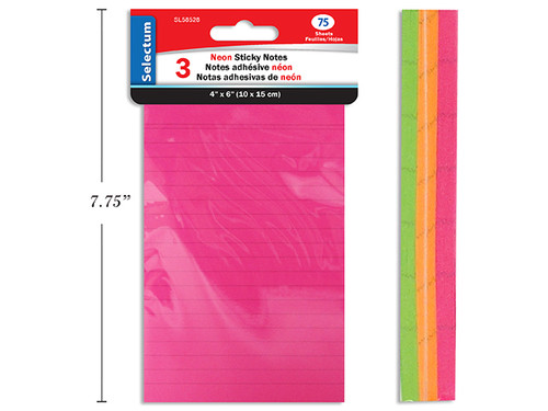Sticky Notes-Ruled/Neon Colors 4x6 3Pk