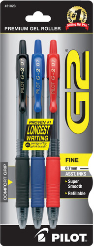 Pen G2 Assorted Inks/Fine Retractable 3Pk