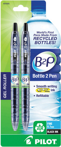 Pen B2P Retractable Gel Roller Black/Fine 2Pk
