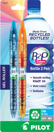Pen B2P Retractable Gel Roller Assorted Colors/Fine 2Pk