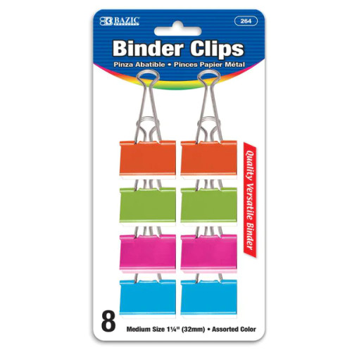 Binder Clips Assorted Colors 1-1/4" Medium 8Pk