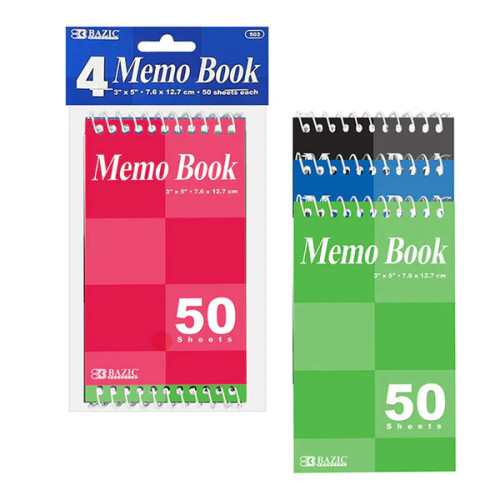 Memo Book 3"x 5"Top Bound/Spiral 50Ct. 4Pk