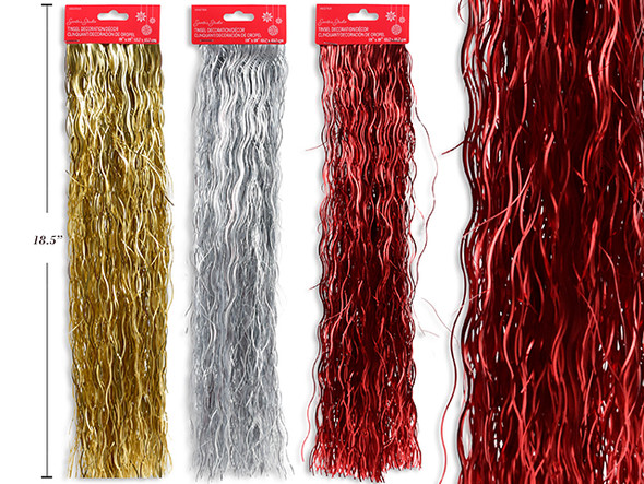 18in x 18in Wavy Tinsel Decoration. 3 Asst.Colors in Foil / Matte / Holographic. h/c Country of origin: CN