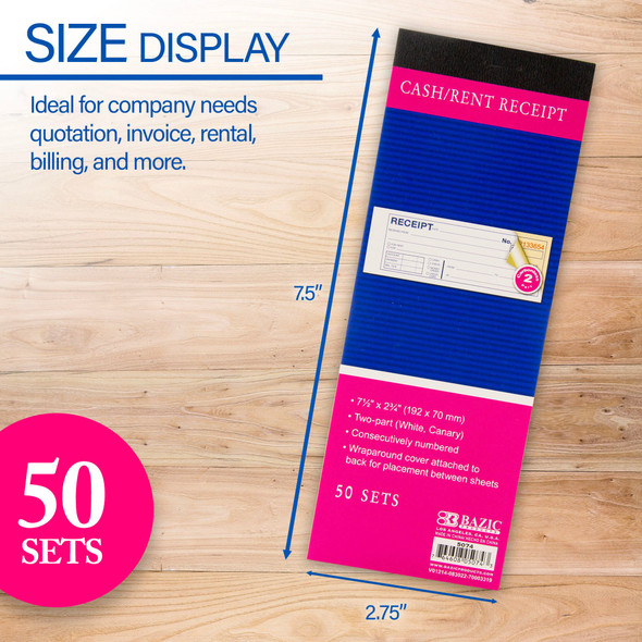 Cash/Rent Receipt Book 2P  7-1/2" x 2-3/4" 50 Sets (Each)