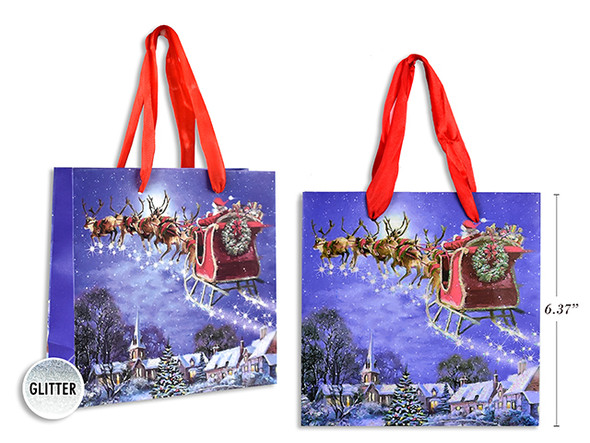 Xmas Matte w/Glitter Santa Scene Giftbag-Small w/Red Satin Handle. J-Hook. Country of origin: CN