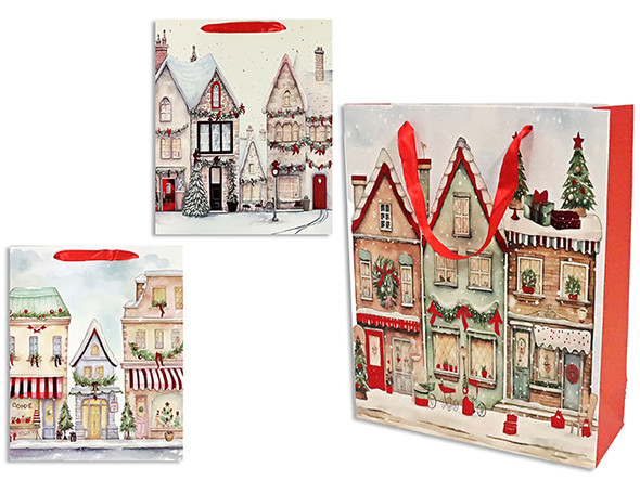 Xmas Foil Hot Stamp Winter House Scene Matte Gift Bag - Medium. Satin Ribbon Handle. 3 Asst.Styles.
Country of origin: CN