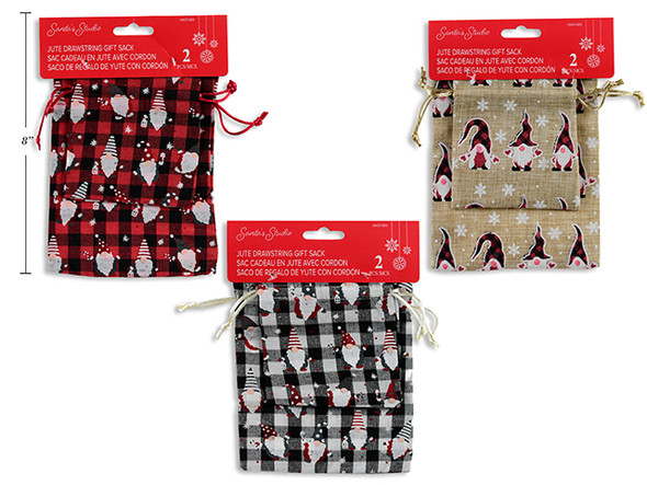 Set/2 Xmas Jute Drawstring Gift Sack. 3 Asst.Styles. Pbh. Country of origin: CN