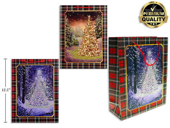 Xmas Glitter Tree Premium Matte Gift Bag w/ Plaid Border - Large. 2 Asst. Rope Handle. J-hook.
Country of origin: CN