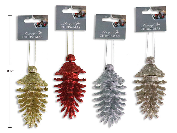 4.75in x 2-3/8in Xmas Glitter Pine Cone Ornament. 4 Asst.Colours. h/c. Country of origin: CN