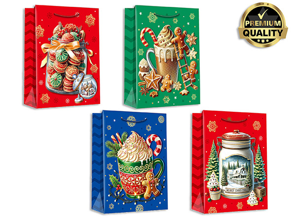 Xmas Cookie/Chocolate/Ice Cream Scene Foil Hot Stamp Premium Matte Gift Bag - Medium. 4 Asst.
Country of origin: CN