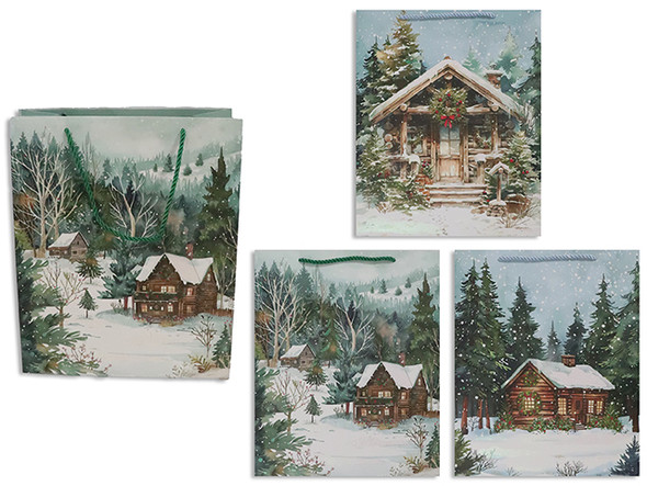 Xmas Glitter Snowy Cottage Matte Gift Bag - Small. 3 Asst. Satin Handle. J-Hook. Country of origin: CN