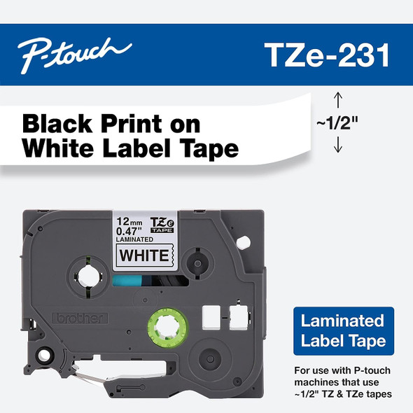 Labeling Tape TZE-231 Black Print on White Tape  (1/2")