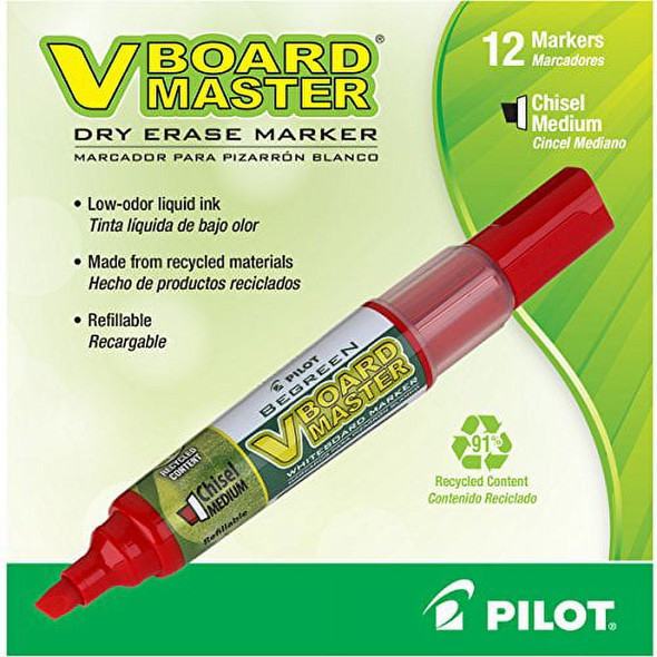 Dry Erase Markers V Board-Red/Chisel Point (Dozen)