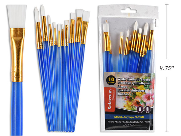 Brush Set Assorted Round & Flat/White Synthetic Acrylic 10ct.